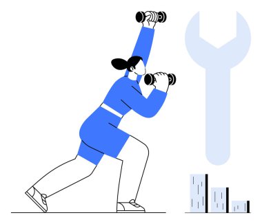 Hamle yaparken halterleri kaldıran bir kadın, yakınlarda büyük bir İngiliz anahtarı sembolü ve bar çizelgesi. Fitness, güç, hedef belirleme, üretkenlik, kendini geliştirme, aletlerin sağlığı için idealdir. Basit düz metafor