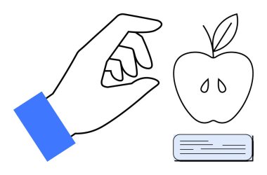 Elin kapalı bir kitabın yanında, sapı ve tohumları olan bir elmaya uzanıyor. Eğitim, öğrenme, büyüme, seçim, bilgi, fırsat, karar verme için idealdir. Basit düz metafor