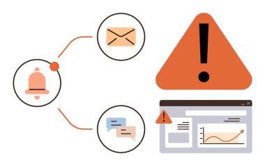 Bildirim zili, e-posta zarfı, sohbet baloncukları, ünlemli alarm üçgeni ve grafikli bir panel. İletişim için ideal, uyarılar, uyarılar, uyarı raporları analitik