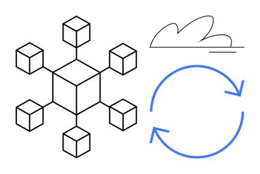 Geometrik küp ağı, bulut çizgisi, engelleme sistemini sembolize eden mavi döngüsel oklar, bulut hesaplaması, veri akışı, bağlantı, depolama ve yenilik. Teknolojik yenilik engelleme zinciri için ideal