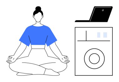 Yanında dizüstü bilgisayar ve çamaşır makinesiyle Lotus 'ta oturmuş meditasyon yapan bir kadın. Farkındalık, iş hayatı dengesi, çoklu görev, sağlık, kendine bakım, rahatlama ve basitlik için idealdir. A