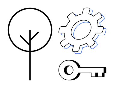 Basit dalları olan ağaç, işaretlenmiş dişleri olan dişliler, yuvarlak başlı anahtar. Yenilik için ideal, sürdürülebilirlik, strateji, problem çözme, ulaşım büyümesi asgari tasarım. Basit düz metafor