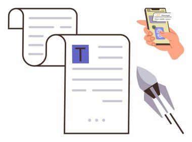 Mesajlı belgeler, mesaj bildirimli bir telefonu tutan bir el ve bir roket fırlatma. İletişim, teknoloji, yenilik, hız, üretkenlik, mobil etkileşim için ideal modern