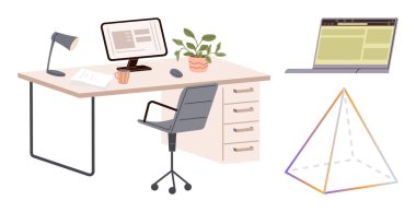 Bilgisayar, sandalye, lamba, dokümanlar, çalışma alanı, yan dizüstü bilgisayar, geometrik piramit. Üretkenlik için ideal, ofis araçları yaratıcılık için iş yeri tasarım eğitimi için düz metafor