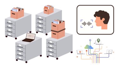 Belgeli dosya dolapları ve bir laptop ses tanıma teknolojisi ikon bulut bağlantı şeması. Veri yönetimi, organizasyon, dijitalleştirme, bulut depolama için ideal