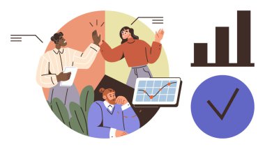 İş arkadaşları grafiklerle beyin fırtınası yapıyor, veri trendlerini tartışıyorlar. Büyüme, takım çalışması, strateji. İş için ideal, analitik, başarı planlama işbirliği sunumu. Modern basit düz metafor