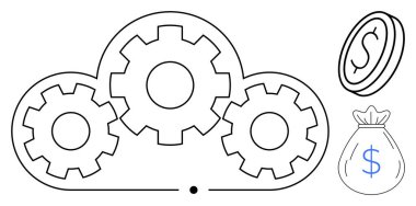 Teknolojiyi, yeniliği ve işbirliğini temsil eden vitesli bulut, finans, başarı, tasarruf ve ekonomi için para ve para çantasıyla eşleştirildi. İş ve fintech yönetimi için ideal