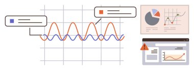 Izgaradaki etiketli noktalar, pasta grafiği analizi ve gösterge paneli hata uyarısı içeren çizgi çizelgesi eğilimleri. Veri içgörüsü, analitik, raporlama, izleme, iş araştırmaları için ideal. Basit düz