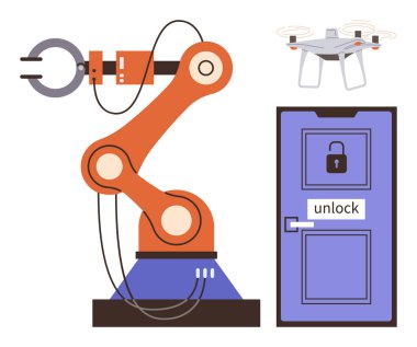 Robotik kol, kuadkopter ve otomasyonu, IoT, makine öğrenme, teknoloji, güvenlik, robot bilimi ve modern bağlantıyı gösteren açma düğmesi olan akıllı kapı. Yenilik ve teknoloji için ideal