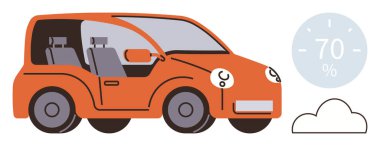 Görünür koltuğu olan turuncu elektrikli araba, 70 'te verimlilik göstergesi ve bulut sembolü. Sürdürülebilirlik, yenilik, teknoloji, ulaşım, temiz enerji, gelecekteki eğilimler için idealdir.