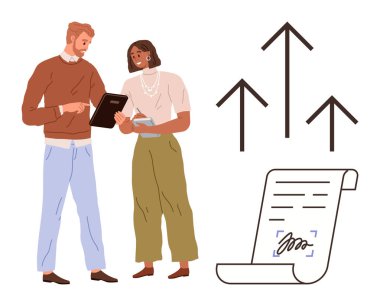 Bir belge üzerinde işbirliği yapan kadın ve erkek, gelişmeyi simgeleyen büyüme okları, imzalanmış sözleşmeler. Takım çalışması, iş geliştirme, müzakere, ortaklık, başarı, büyüme planlama şirketi için ideal