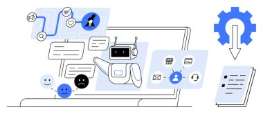 Robot asistan dizüstü bilgisayarında mesajlar ve ifadelerle uğraşıyor. Vites otomasyonu sembolize ediyor. Müşteri hizmetleri, yapay zeka teknolojisi, veri yönetimi, teknik destek, otomasyon, iletişim için ideal