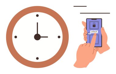Analog saat ve el tıkırtısı akıllı telefon ekranının kilidini açıyor. Zaman takibi, verimlilik, görev çizelgesi, teknoloji, verimlilik, teslim tarihleri, çoklu görev temaları için ideal. Basit düz metafor
