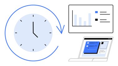 Bir ok, bar tablosu ve analizi, görev takibini ve zamanlamayı temsil eden dizüstü bilgisayarlı saat. Zaman yönetimi, verimlilik, verimlilik ve iş akışını planlamak için ideal