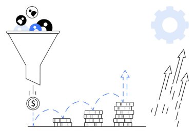 Huni filtreleri madeni paralara yol açar, bozuk paralar yukarı doğru hareket eden oklar ve vites sembolü eşliğinde istiflenir. Satışlar, pazarlama, optimizasyon, iş büyümesi, analitik ve dönüşüm için ideal