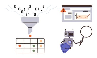 Bir huniden masaya işlenmiş ikili veri, analitik gösterge panelinin üzerinde uyarı göstergesi, yapay zeka robotu büyüteçle verileri denetliyor. Veri analizi, güvenlik, yapay zeka uygulamaları için ideal