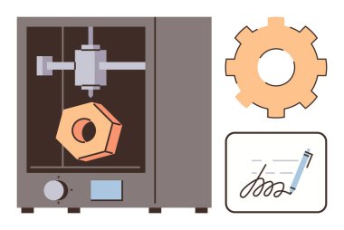 3D yazıcı altıgen bir nesne, büyük dişli dişli simgesi ve imzalı dijital belge üretiyor. Yenilik, teknoloji, tasarım, mühendislik, imalat, eğitim fütüristik kavramları için idealdir.