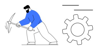 Teçhizat sembolünün yanında kazmayla saldıran kişi. Takım çalışması, emek, endüstri, üretkenlik, mekanik, çaba ve el işi metaforu için idealdir. Net ve basit düz metafor