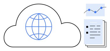 Bulut formunda ağ bağlantılı küre, veri noktaları ve belgelerle grafikler. Teknoloji, bağlantı, bulut depolama, küresel iletişim, analitik veri paylaşımı takım çalışması için ideal. Basit.