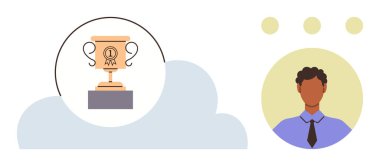 Gömlek ve kravat takmış profesyonel bir figürün yanında bir kupa. Mükemmelliği, başarıyı ve tanınmayı simgeliyor. Liderlik için ideal, kariyer gelişimi, başarı, motivasyon