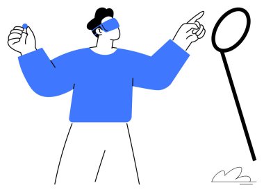 Gözleri bağlı bir birey, geniş kollarıyla hareket ediyor, eğik bir büyüteçin yanında yuvarlak bir nesne tutuyor. Gizem, belirsizlik, araştırma, keşif, kendini keşfetme, odaklanma, soyut düşünce için ideal