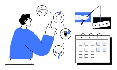 Görsel ikonları işaret eden, duyuları ve güvenlik etkileşimini temsil eden bir adam. İşaretli tarihli takvim. Eğitim, planlama, siber güvenlik, kişisel büyüme, farkındalık, zaman yönetimi için ideal