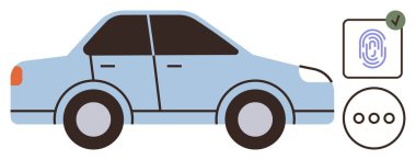 Mavi araba ile birlikte biyometrik parmak izi ve üç noktalı arayüz simgeleri de modern teknolojiyi sembolize ediyor. Otomotiv endüstrisi, güvenlik, yenilik, biyometri ve teknoloji için ideal