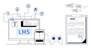 LMS yazılımı, kitabı, tableti, oyun denetleyicisi, panosu ve satırlarla birbirine bağlı simgeleri olan bilgisayar. Eğitim, eğitim, üretkenlik teknolojisi için ideal çevrimiçi kurslar öğrenme yenilikleri