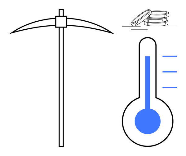 Шахтерный топор, термометр с индикатором голубого уровня, стопка монет. Идеально подходит для криптовалют, блокчейна, энергетики, мониторинга, эффективности технологий майнинга экономики. Простая плоская метафора