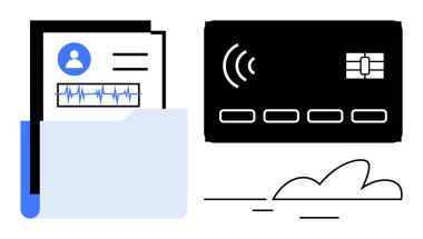 Bir klasördeki tıbbi raporlar ve sinyal simgesiyle temas kurulamayan ödeme kartı sağlık verilerine erişim ve ödemelere işaret ediyor. Sağlık, teknoloji, finans, güvenlik, yenilik ve veri yönetimi için ideal