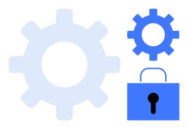 Büyük ve küçük vitesler asma kilidin yanında, sistem mekaniği, güvenlik ve işlevselliği sembolize ediyor. Siber güvenlik için ideal, optimizasyon süreci, teknoloji, takım çalışması, koruma yeniliği