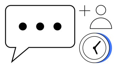 Üç noktalı konuşma balonu, kullanıcı profili simgesi ve saat iletişimi, hesap oluşturmayı, zamanlamayı sembolize ediyor. Takım çalışması, verimlilik, işbirliği, hatırlatma uygulaması arayüzü zamanı için ideal