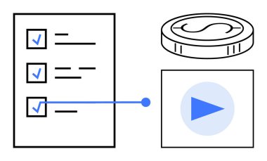 İşaretli kutular, mali görünüm için para ve ilerleme başlatmak için çalma düğmesi. Üretkenlik, görev yönetimi, mali planlama, çevrimiçi içerik, öncelikler, iş akışı için ideal