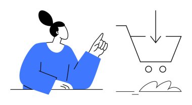 Kadın alışveriş arabasına doğru el kol hareketi yapıyor, çevrimiçi alışveriş, çıkış ve dijital işlemleri sembolize ediyor. E-ticaret, satış, satın alma hunisi, perakende, teslimat pazarlaması için ideal