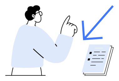 Kişi mavi bir okla vurgulanan belgeleri işaretlemek için elini kaldırır. İletişim, öncelik, belgelendirme, planlama, rehberlik, karar verme, eğitim için ideal