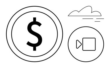 Minimalist para, video kaydı ve bulut elemanları dijital finans ve video pazarlamayı sembolize ediyor. Fintech, yatırım, teknoloji yeniliği, bulut depolama, medya akışı için ideal