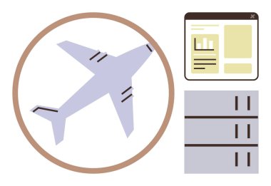 Uçak kahverengi bir halkayla çevrelenmiş, tablolarla pencerelenmiş ve sunucu yığını aşağıda. Havacılık, teknoloji, lojistik, yenilik, seyahat yönetimi, dijitalleştirme için ideal