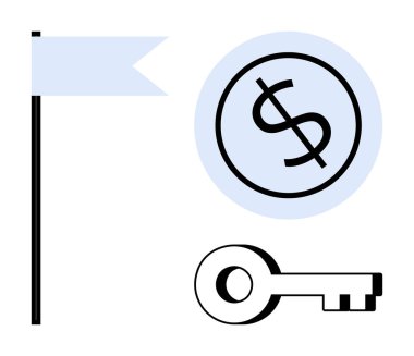 Anahtar erişimi simgeler, para zenginliği simgeler ve bayrak da başarıyı ya da hedefleri simgeler. Finans, başarı, büyüme, hedefler, iş güvenliği motivasyon kavramları için idealdir. Basit düz metafor