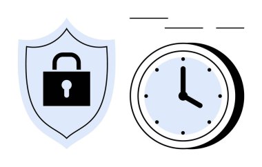 Kilitli kalkanlar zamanı simgeleyen saatin yanındaki güvenliği sembolize ediyor. Koruma, gizlilik, programlama, veri yönetimi, şifreleme, siber güvenlik, risk yönetimi için ideal. Basit düz metafor