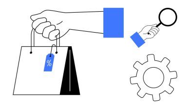 İndirimli etiketli el çantası arama için büyüteç ve ayarlar için vites simgesi. Perakende satış, e-ticaret, satış, arama, indirim alışveriş süreci optimizasyonu için ideal. Basit.