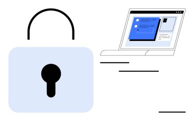 Kilitli asma kilit dijital güvenlik ve güvenli iletişim gösteren bir dizüstü bilgisayar arayüzü. Siber güvenlik, veri koruması, mahremiyet, sistem güvenliği, çevrimiçi güvenlik, şifreleme için ideal