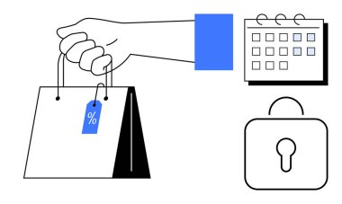 İndirim etiketli el çantası, takvim ve güvenlik için asma kilit. E-ticaret, satış, pazarlama, planlama, veri güvenliği için ideal, çevrimiçi alışveriş için basit düz metafor