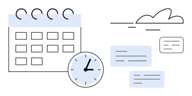 Takvim şebekesi, saat, bulut ve notlar planlama, organizasyon ve zaman takibini vurguluyor. Üretim için ideal, son teslim tarihleri, proje yönetiminin iş akışını sade bir şekilde ayarlamasını hatırlatır