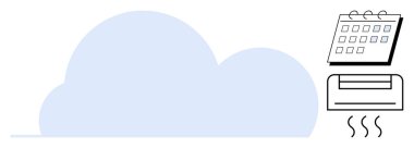 Siyah takvim ve klimalı bulut çizimi. Teknoloji, uzaktan çalışma, programlama, iklim kontrolü, zaman yönetimi, modern araçlar için ideal, basit düz metafor