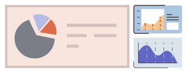 Pasta grafiği, satır grafikleri ve metin tutucuları içeren veri görselleştirme kurulumu. Analiz, raporlama, finans, iş stratejisi, sunum, piyasa araştırması için ideal basit düz metafor