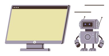 Masaüstü bilgisayarının yanındaki dost canlısı robot yenilik, yapay zeka geliştirme ve gelecekteki teknolojiyi simgeliyor. Yapay zeka, robot bilimi, teknoloji, otomasyon, yazılım, makine öğrenimi için ideal basit