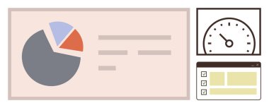 Pasta grafiği analizi, hız göstergesi ve veri takibi için kontrol listesi arayüzü. Analiz, performans, izleme, verimlilik, organizasyon görselleştirme süreci için idealdir. Basit düz