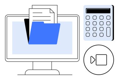 Dizin ve belgeleri gösteren masaüstü monitörü, hesap makinesi, video oynatma simgesi. Organizasyon, teknoloji, veri depolama, eğitim, muhasebe, multimedya basit düz metaforu için ideal