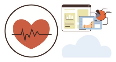 Kalp atışı çizgisi, veri göstergesi, pasta grafiği ve bulutlu bir kalp. Sağlık hizmetleri, veri analizi, bulut hesaplama, sağlık teknolojisi tıbbi araştırmaların izlenmesi için idealdir. Basit.