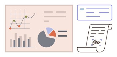 Çubuk grafikler, pasta grafikleri ve imzalı bir parşömen ve bilgilendirme paneli olan çizgi grafikleri. Finans, analitik, raporlama, sözleşmeler, iş stratejisi karar verme verimliliği için idealdir. Basit düz